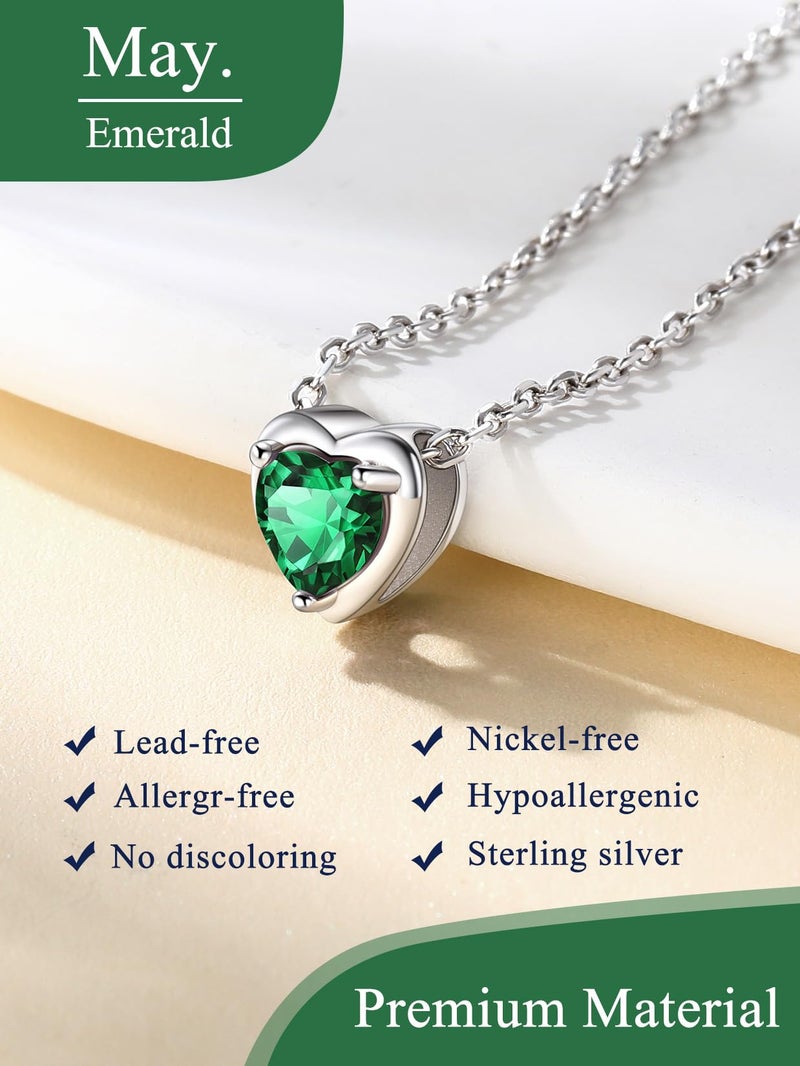 Suplight Stelring Silver May Birthstone Necklace Small Emeral Green Simple Heart Necklace for Women - Image 4